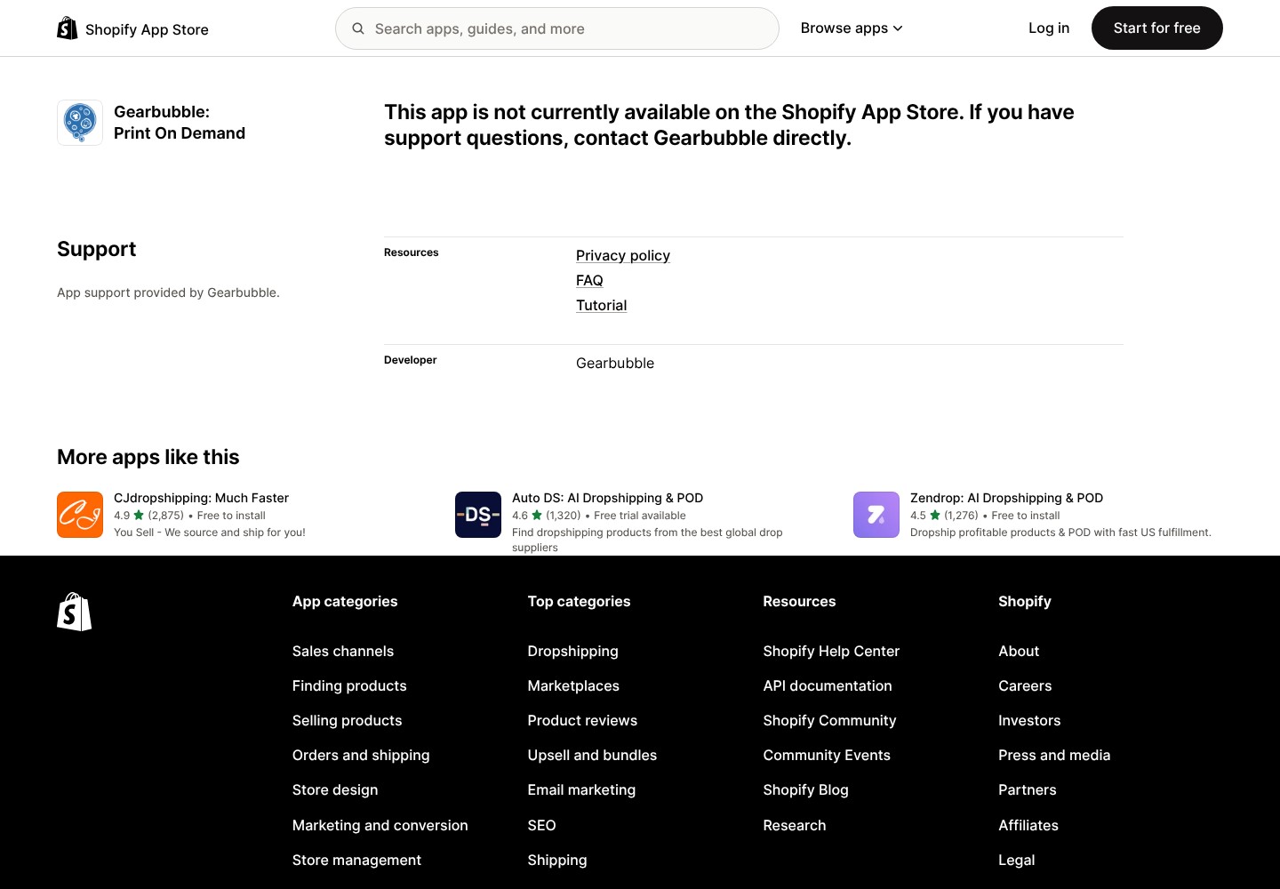 Gearbubble Shopify app listing marked unavailable