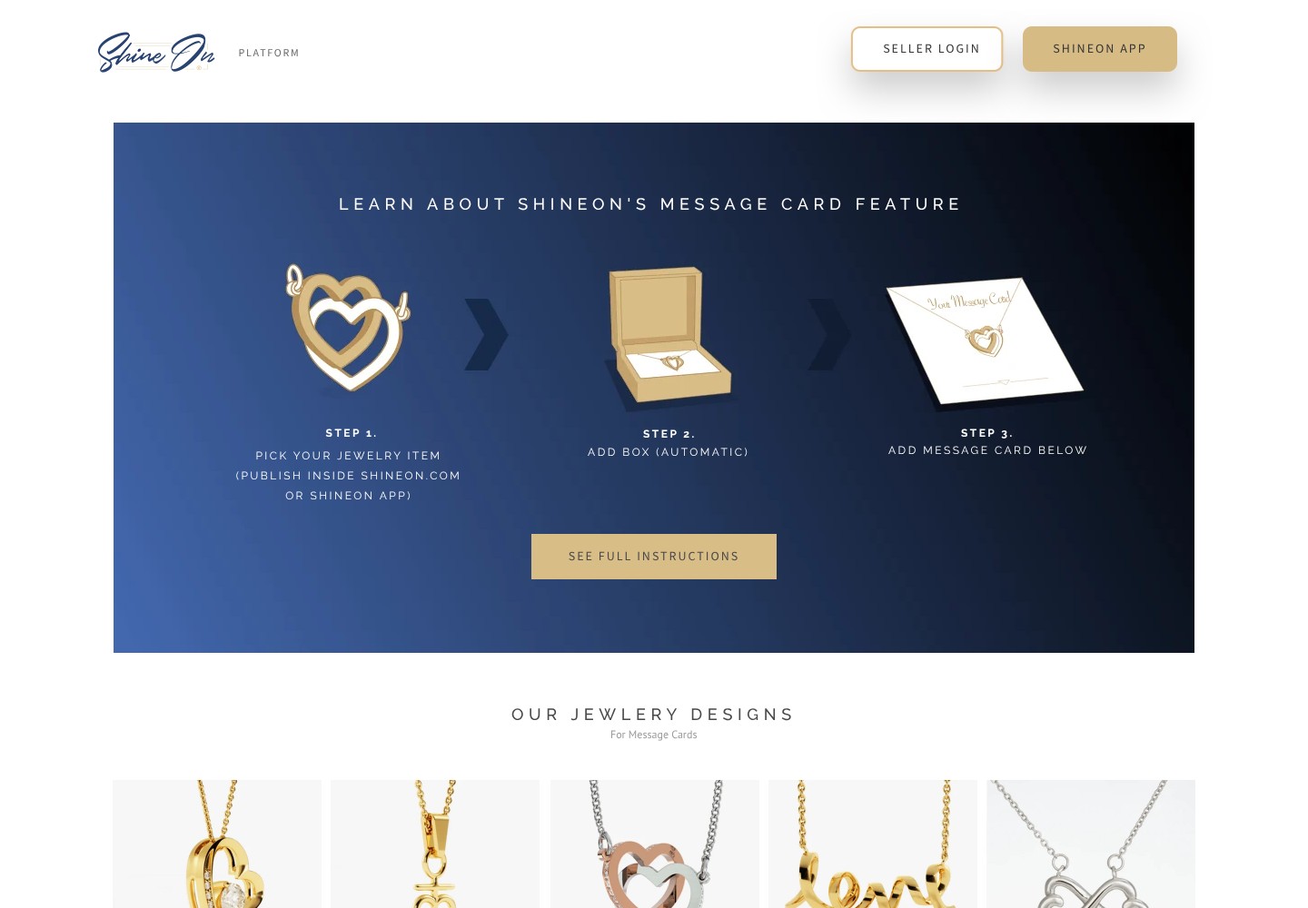ShineOn message-card jewelry product page